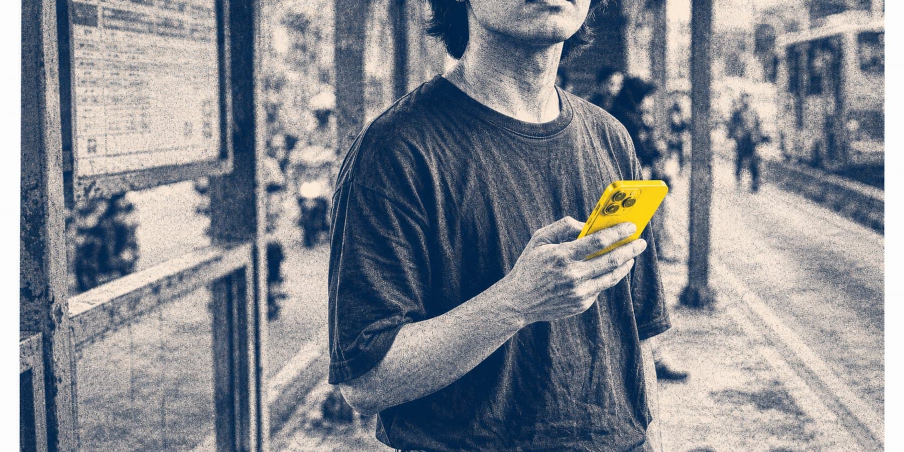 Seseorang berdiri di halte sambil melihat ponsel kuningnya.